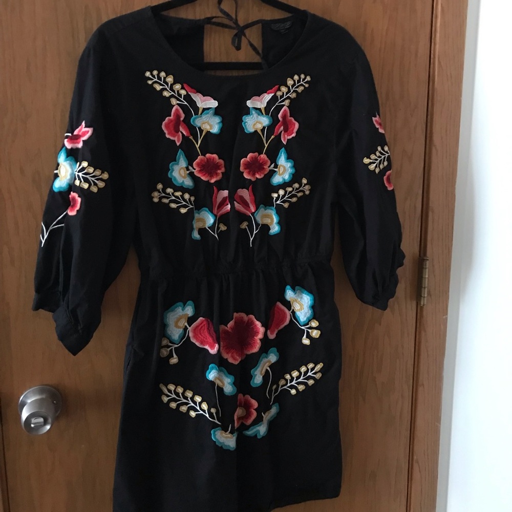 Floral Embroidered Black Cotton Dress